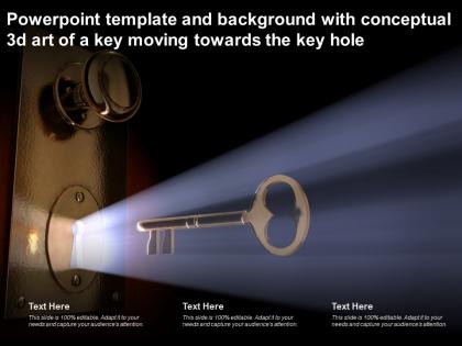 Template and background with conceptual 3d art of a key moving towards the key hole