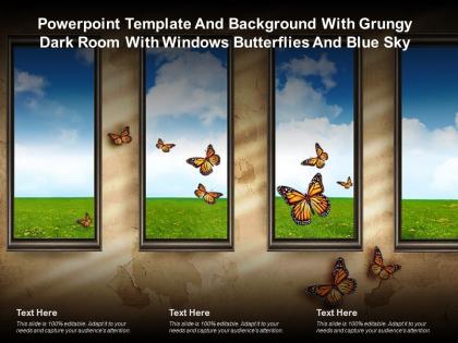 Template and background with grungy dark room with windows butterflies and blue sky