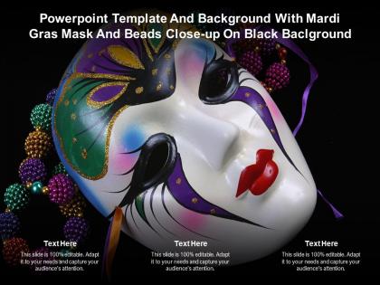 Template and background with mardi gras mask and beads close up on black ppt powerpoint