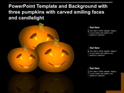 Template and background with three pumpkins with carved smiling faces and candlelight