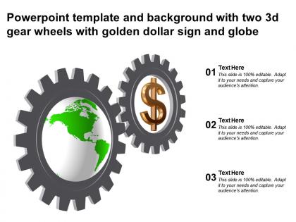 Template and background with two 3d gear wheels with golden dollar sign and globe