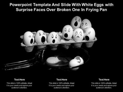 Template and slide with white eggs with surprise faces over broken one in frying pan