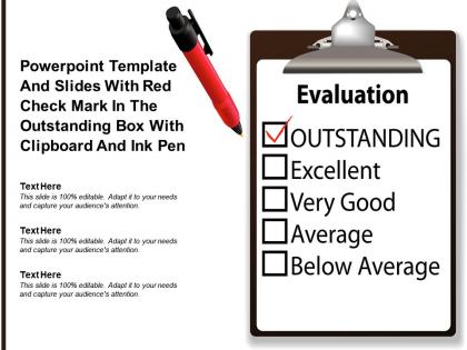Template and slides with red check mark in the outstanding box with clipboard and ink pen