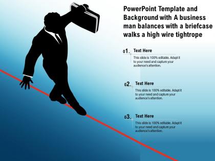 Template background with a business man balances with a briefcase walks a high wire tightrope