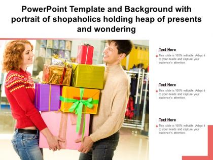Template background with portrait of shopaholics holding heap of presents wondering ppt powerpoint