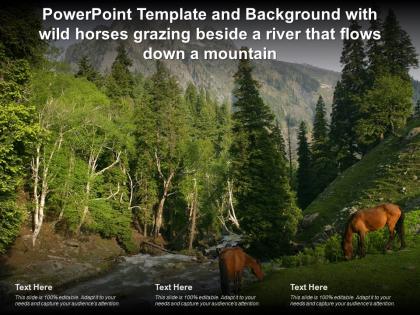 Template background with wild horses grazing beside a river that flows down a mountain