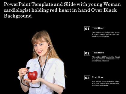 Template slide with young woman cardiologist holding red heart in hand over black background
