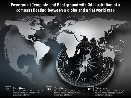 Template with 3d illustration of a compass floating between a globe and a flat world map