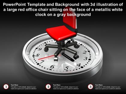 Template with 3d illustration of a large red office chair sitting on face of a metallic white clock on a gray