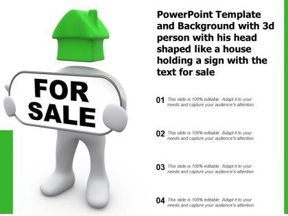 Template with 3d person with his head shaped like a house holding a sign with the text for sale