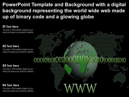 Template with a digital representing the world wide web made up of binary code and a glowing globe