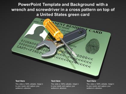 Template with a wrench and screwdriver in a cross pattern on top of a united states green card