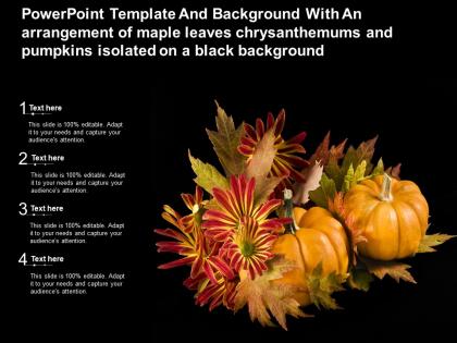 Template with an arrangement of maple leaves chrysanthemums pumpkins isolated on a black