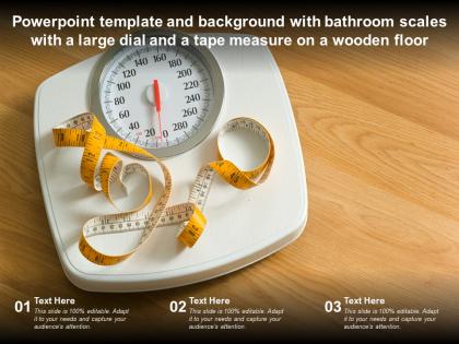 Template with bathroom scales with a large dial and a tape measure on a wooden floor