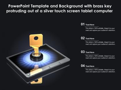 Template with brass key protruding out of a silver touch screen tablet computer