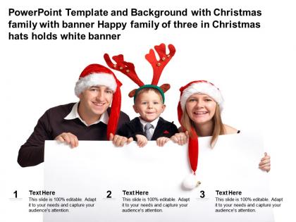 Template with christmas family with banner happy family of three in christmas hats holds white banner