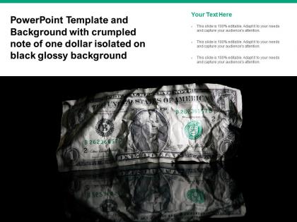 Template with crumpled note of one dollar isolated on black glossy background