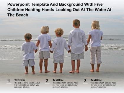 Template with five children holding hands looking out at the water at the beach