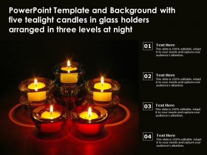 Template with five tealight candles in glass holders arranged in three levels at night