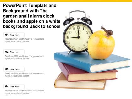 Template with garden snail alarm clock books and apple on a white background back to school