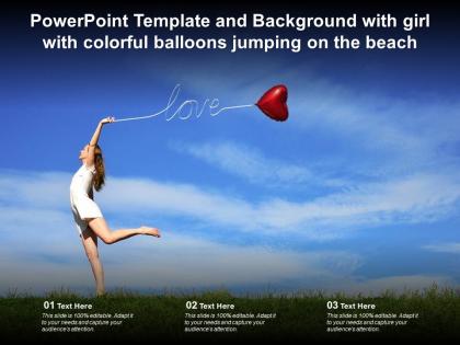 Template with girl with colorful balloons jumping on the beach ppt powerpoint