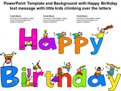 Template with happy birthday text message with little kids climbing over the letters