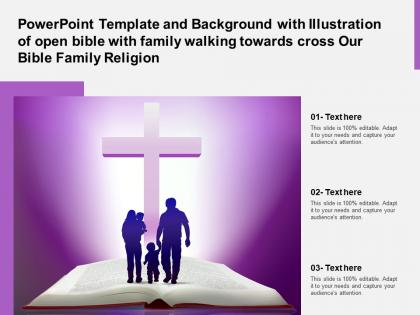 Template with illustration of open bible with family walking towards cross our bible family religion