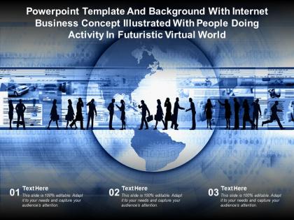 Template with internet business concept illustrated with people doing activity in futuristic virtual world