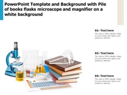 Template with pile of books flasks microscope and magnifier on a white background