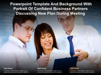 Template with portrait of confident business partners discussing new plan during meeting