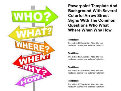 Template with several colorful arrow street signs with common questions who what where when why how
