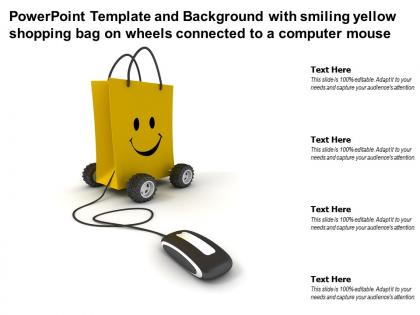 Template with smiling yellow shopping bag on wheels connected to a computer mouse