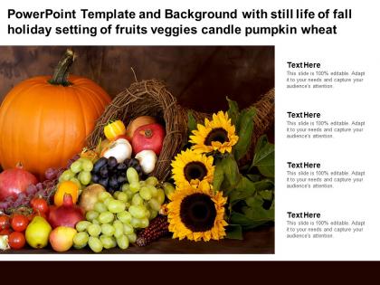 Template with still life of fall holiday setting of fruits veggies candle pumpkin wheat
