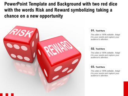 Template with two red dice with words risk reward symbolizing taking a chance on a new opportunity