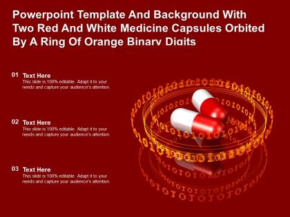 Template with two red white medicine capsules orbited by a ring of orange binary digits