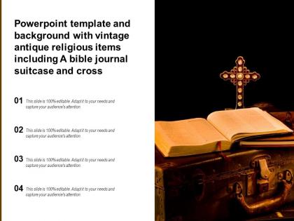 Template with vintage antique religious items including a bible journal suitcase and cross