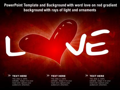 Template with word love on red gradient background with rays of light and ornaments