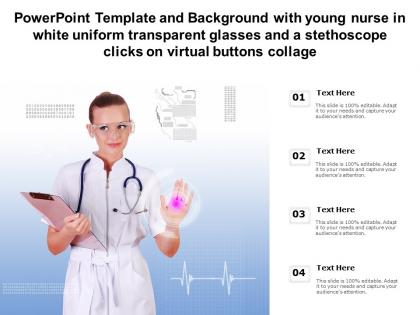 Template with young nurse in white uniform transparent glasses a stethoscope clicks on virtual buttons collage