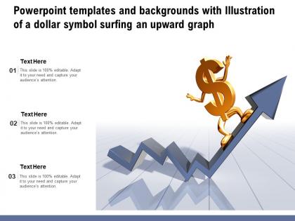 Templates and backgrounds with illustration of a dollar symbol surfing an upward graph