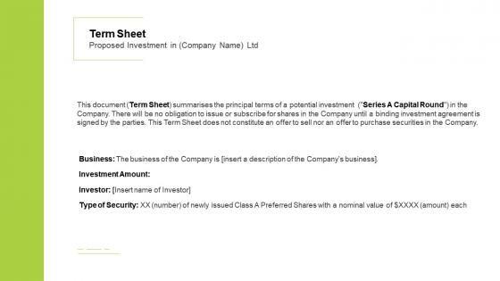 Term sheet template term sheet proposed investment in company name ltd