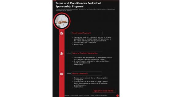 Terms And Condition For Basketball Sponsorship Proposal One Pager Sample Example Document