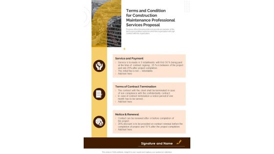Terms And Condition For Construction Maintenance Professional One Pager Sample Example Document