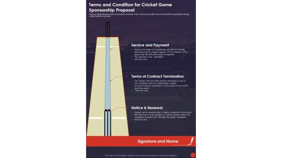 Terms And Condition For Cricket Game Sponsorship Proposal One Pager Sample Example Document