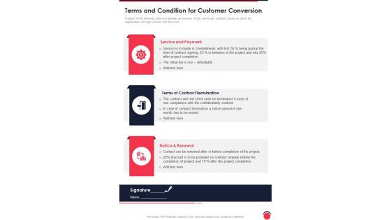Terms And Condition For Customer Conversion One Pager Sample Example Document