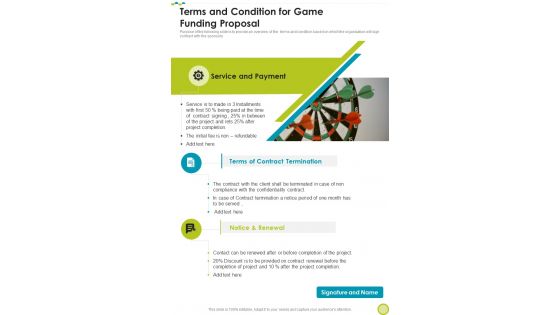 Terms And Condition For Game Funding Proposal One Pager Sample Example Document