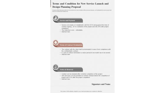 Terms And Condition For New Service Launch And Design Planning One Pager Sample Example Document