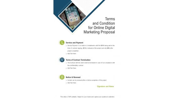 Terms And Condition For Online Digital Marketing Proposal One Pager Sample Example Document