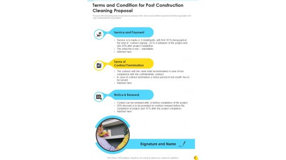 Terms And Condition For Post Construction Cleaning Proposal One Pager Sample Example Document