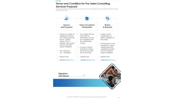 Terms And Condition For Pre Sales Consulting Services Proposal One Pager Sample Example Document