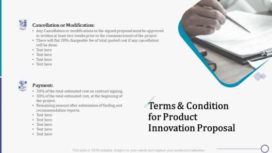 Terms and condition for product innovation proposal ppt summary graphic tips